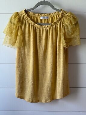 Retrology Yellow Ruffle Sleeve Blouse Size L Boho Cottagecore Top with Lace